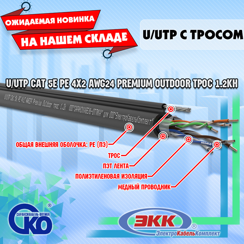 U/UTP Сat 5e PE 4x2 AWG24 Premium Outdoor трос 1.2кН